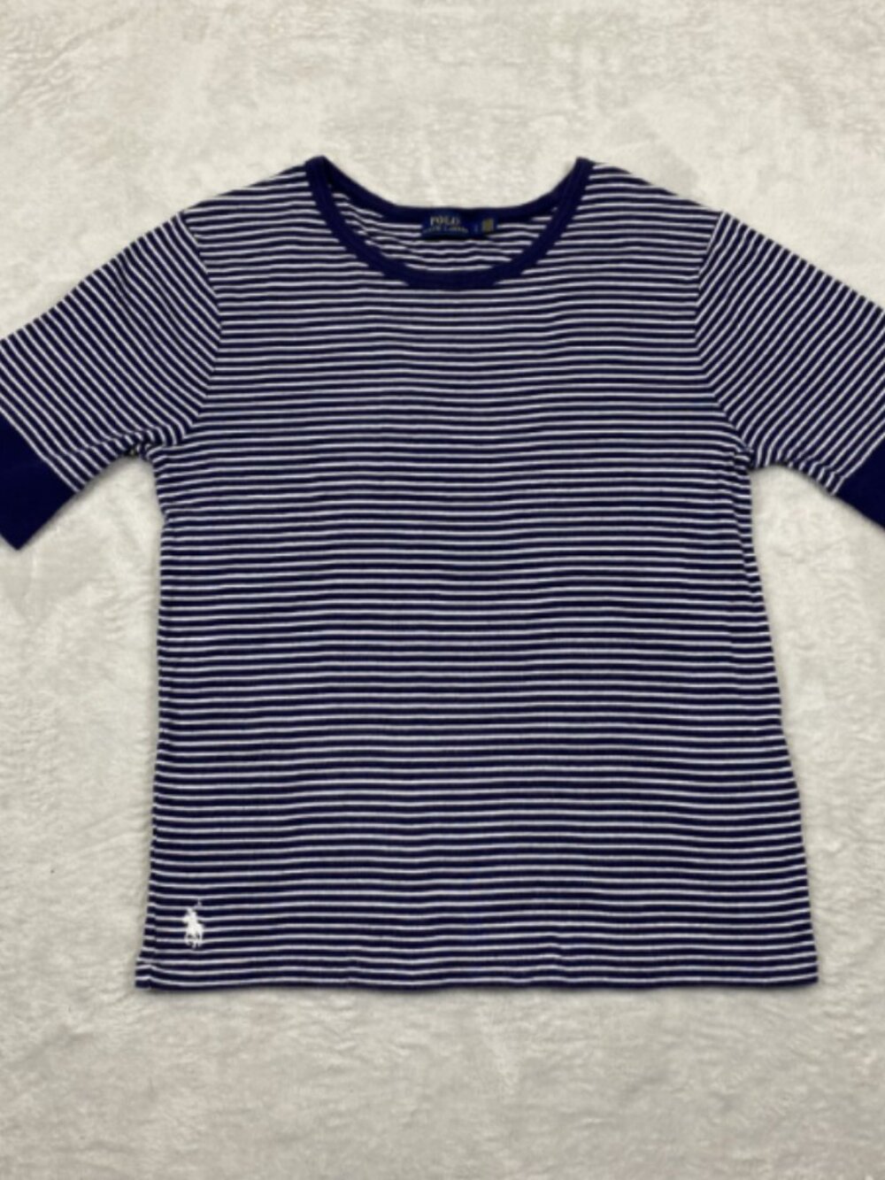 Lauren Ralph Lauren Nautical Boat Neck Navy Stripe Top Cuffed Sleeve